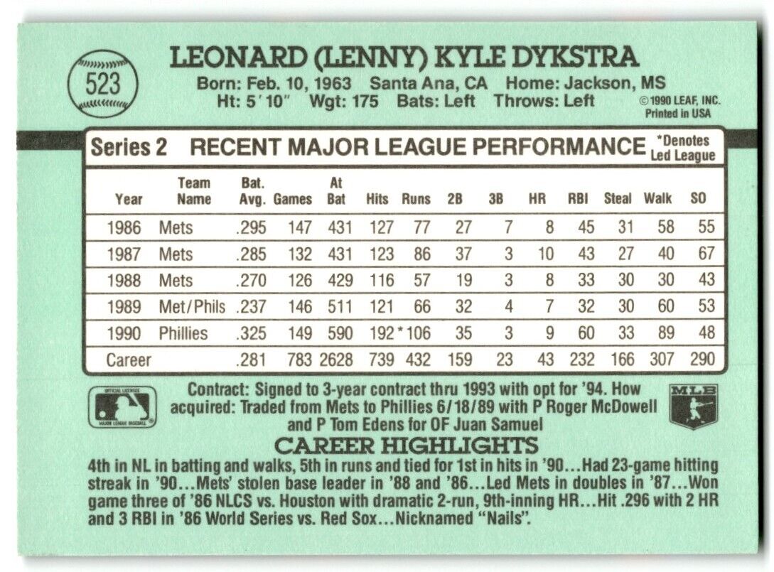 1991 Donruss Len Dykstra Philadelphia Phillies #523