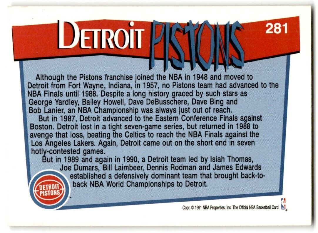 1991-92 Hoops Detroit Pistons Detroit Pistons #281