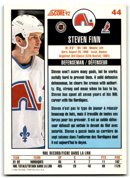 1992-93 Score Steven Finn Quebec Nordiques #44