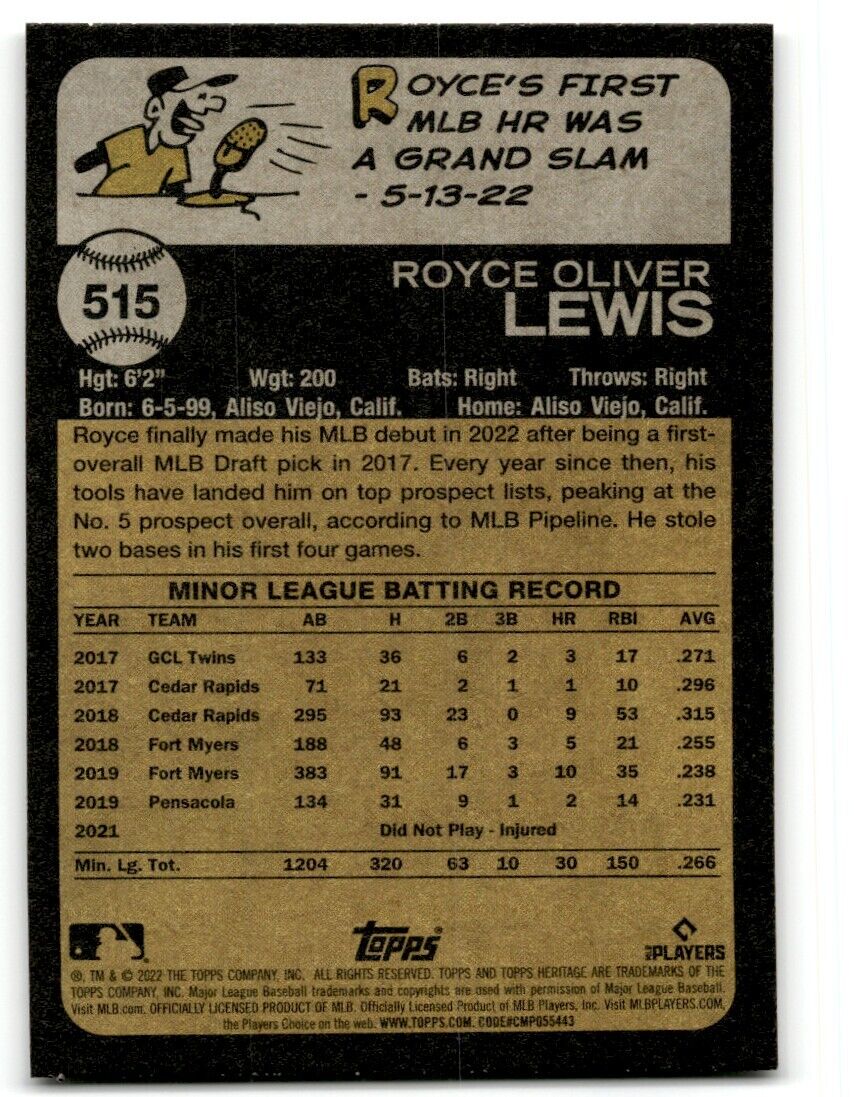 2022 Topps Heritage Royce Lewis Rookie Minnesota Twins #515