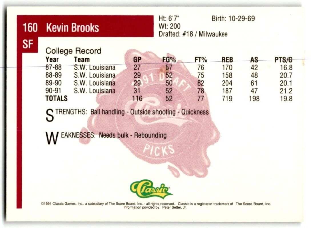 1991-92 Classic Kevin Brooks Rookie Southwestern Louisiana Ragin' Cajuns #160