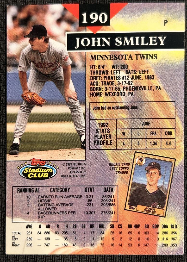 1993 Stadium Club John Smiley Minnesota Twins #190