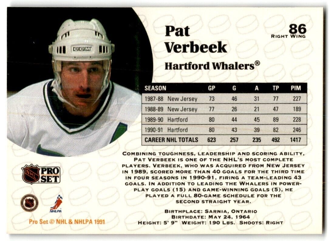 1991-92 Pro Set Pat Verbeek Hartford Whalers #86