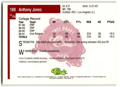 1991-92 Classic Anthony Jones Rookie Oral Roberts Golden Eagles #189