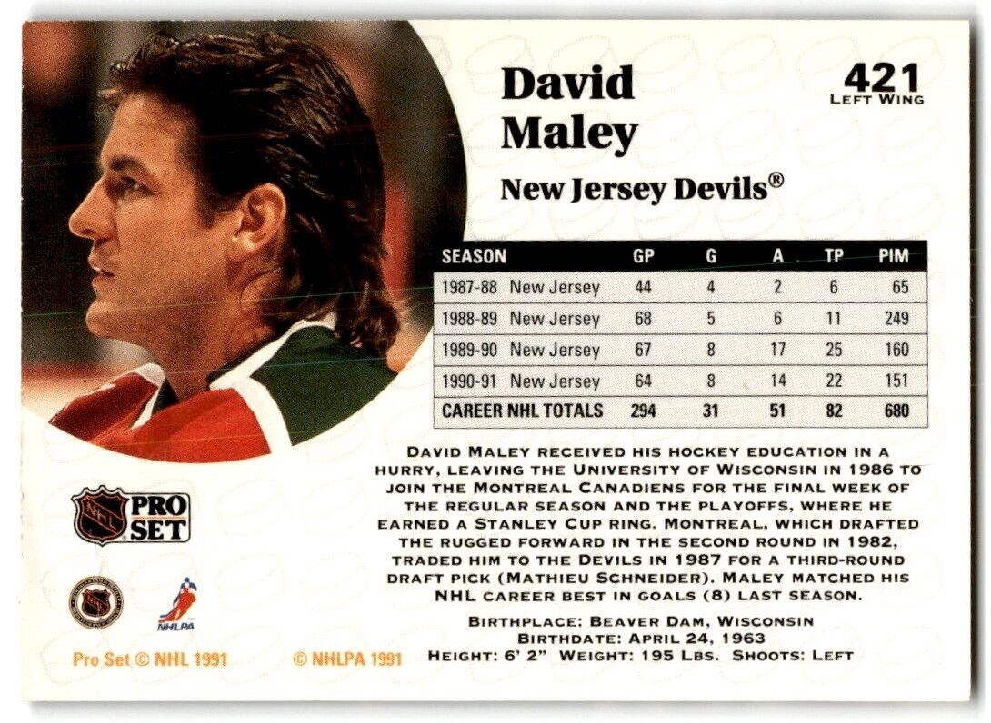 1991-92 Pro Set David Maley New Jersey Devils #421