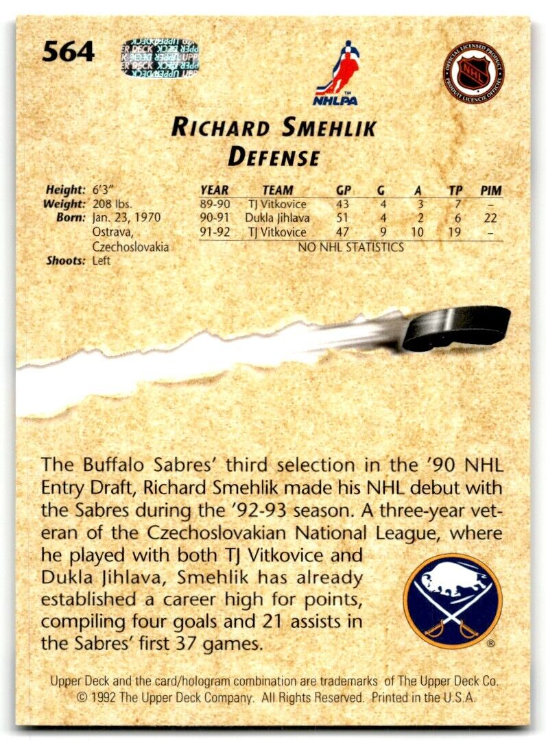 1992-93 Upper Deck Richard Smehlik Rookie Buffalo Sabres #564