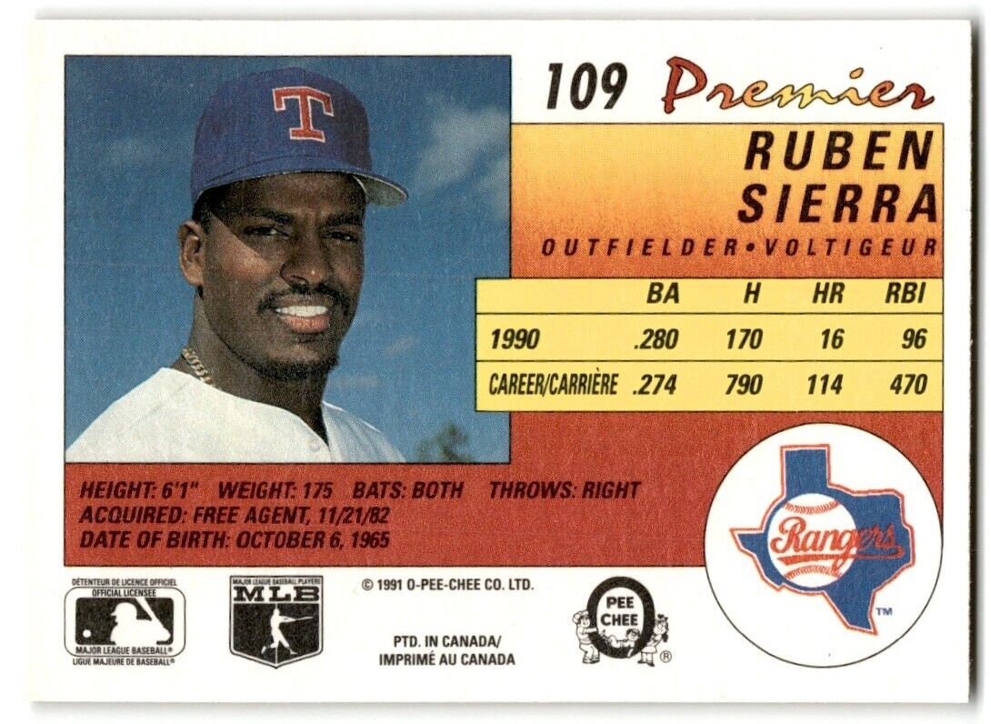 1991 O-Pee-Chee Premier Ruben Sierra Texas Rangers #109