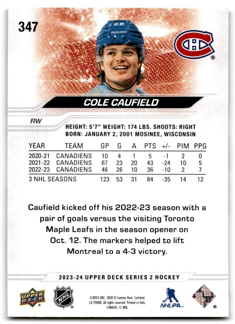 2023-24 Upper Deck Cole Caufield Montreal Canadiens #347