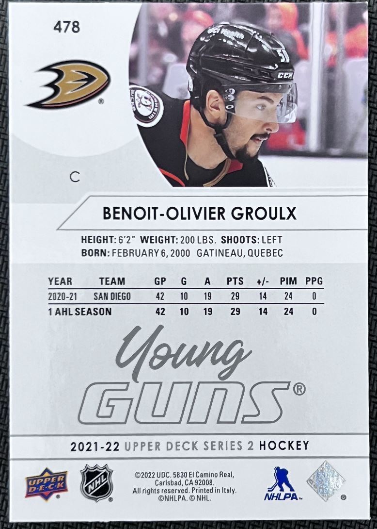 2021-22 Upper Deck Benoit-Olivier Groulx Rookie Anaheim Ducks #478