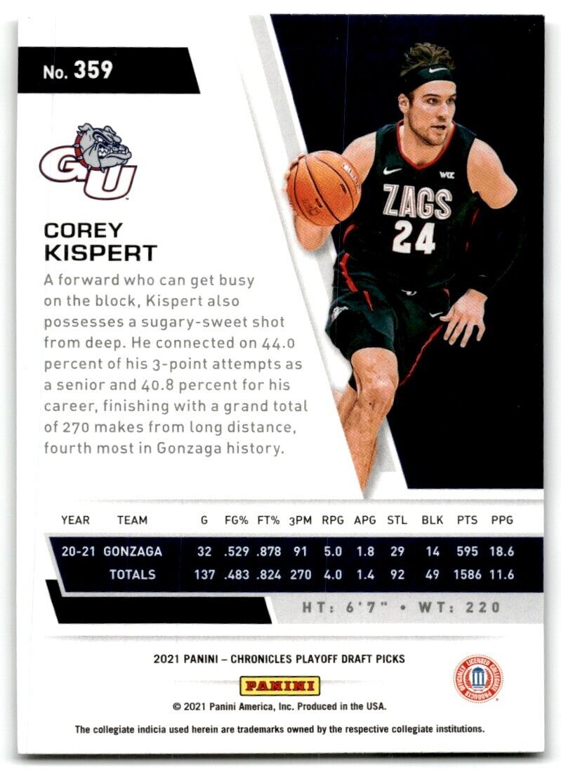 2021-22 Panini Chronicles Playoff Draft Picks Corey Kispert Gonzaga Bulldogs