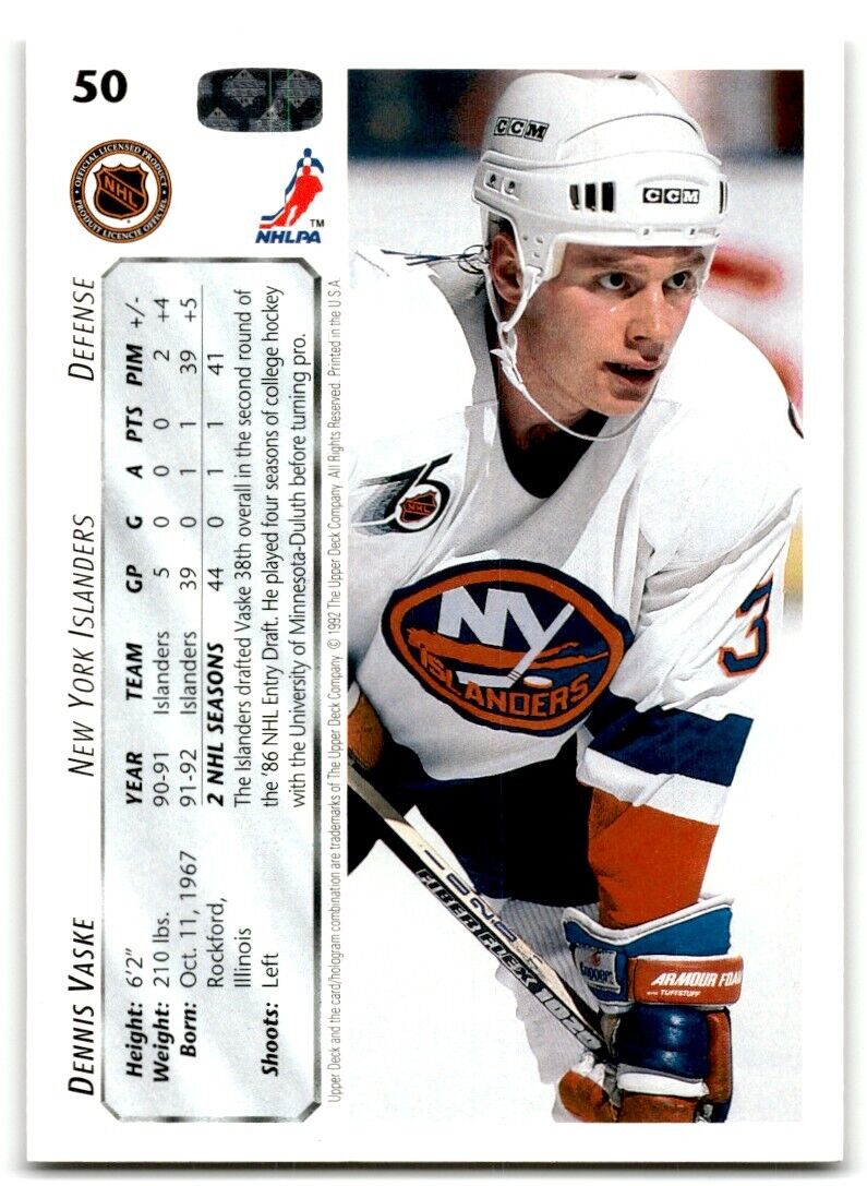 1992-93 Upper Deck Dennis Vaske New York Islanders #50