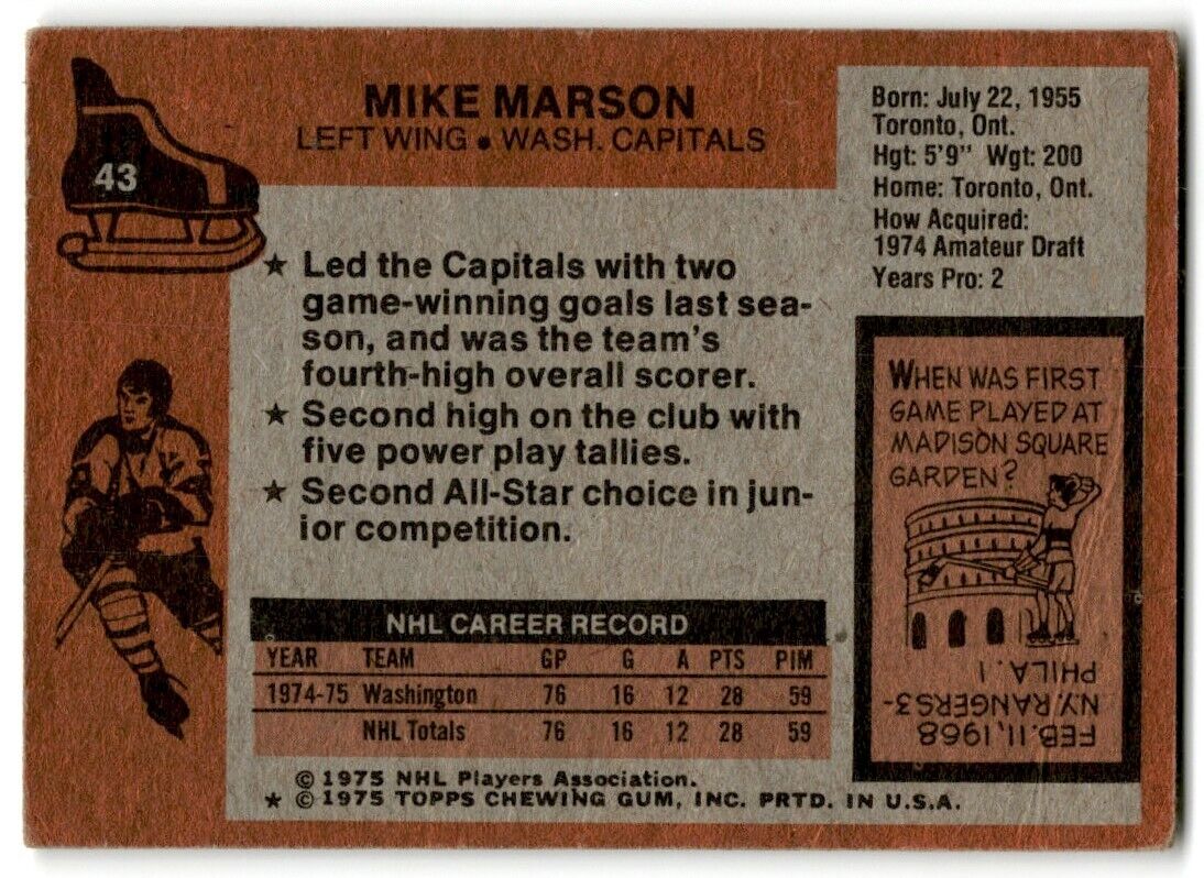 1975-76 Topps Mike Marson Rookie Washington Capitals #43