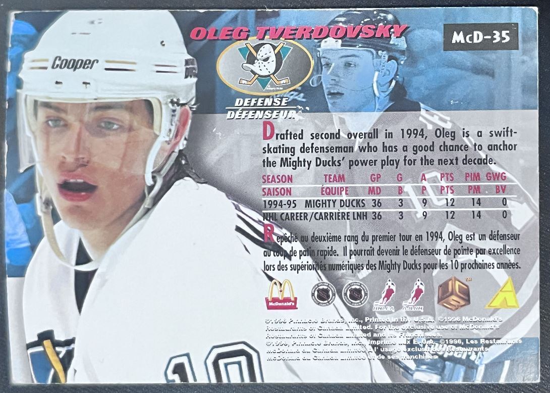 1995-96 Pinnacle McDonald's Game Winners Oleg Tverdovsky Anaheim Mighty Ducks