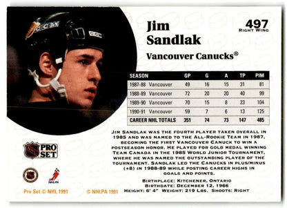 1991-92 Pro Set Jim Sandlak Vancouver Canucks #497