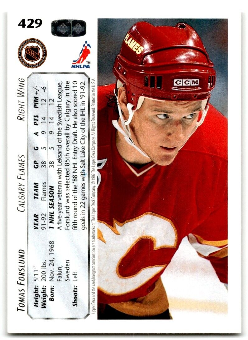 1992-93 Upper Deck Tomas Forslund Calgary Flames #429