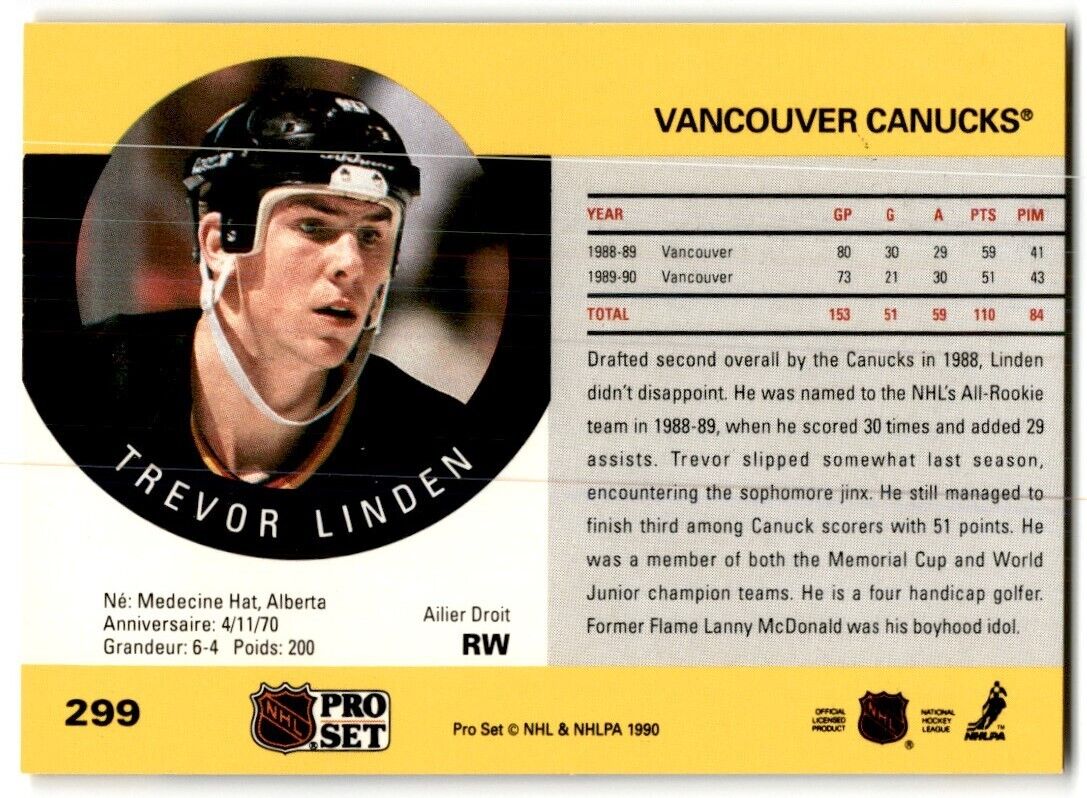 1990-91 Pro Set Trevor Linden Vancouver Canucks #299