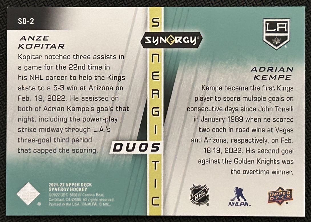 2021-22 Synergy Synergitic Duos Anze Kopitar / Adrian Kempe 059/499 Los Angeles