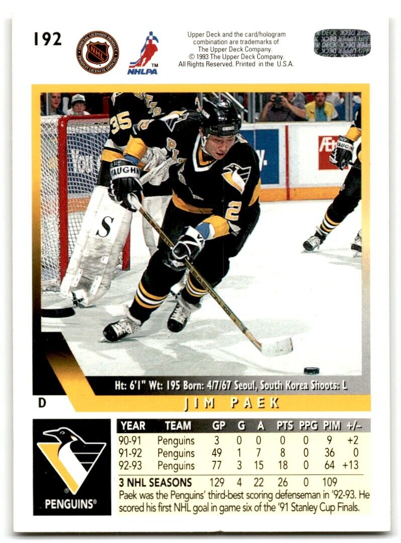 1993-94 Upper Deck Jim Paek Pittsburgh Penguins #192