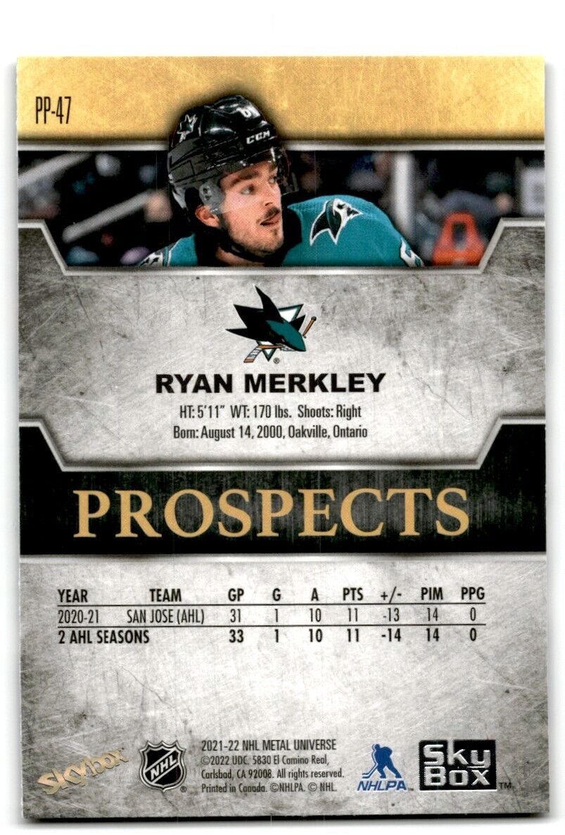 2021-22 Skybox Prospects Ryan Merkley Rookie San Jose Sharks #PP-47