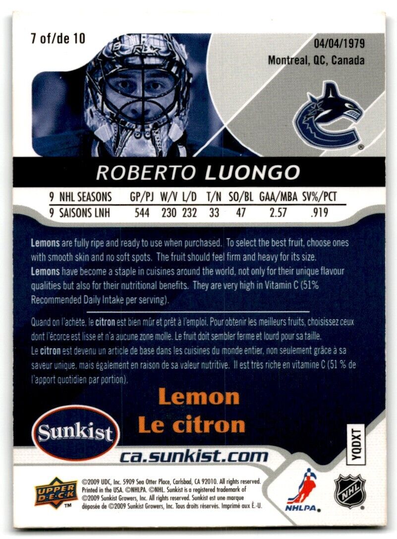 2009-10 Upper Deck Sunkist Roberto Luongo Vancouver Canucks #7