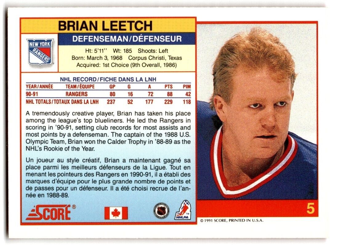 1991-92 Score Canadian English Brian Leetch New York Rangers #5