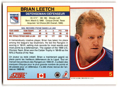 1991-92 Score Canadian English Brian Leetch New York Rangers #5