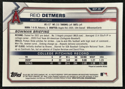 2021 Bowman Chrome Prospects Mojo Refractor Reid Detmers Los Angeles Angels