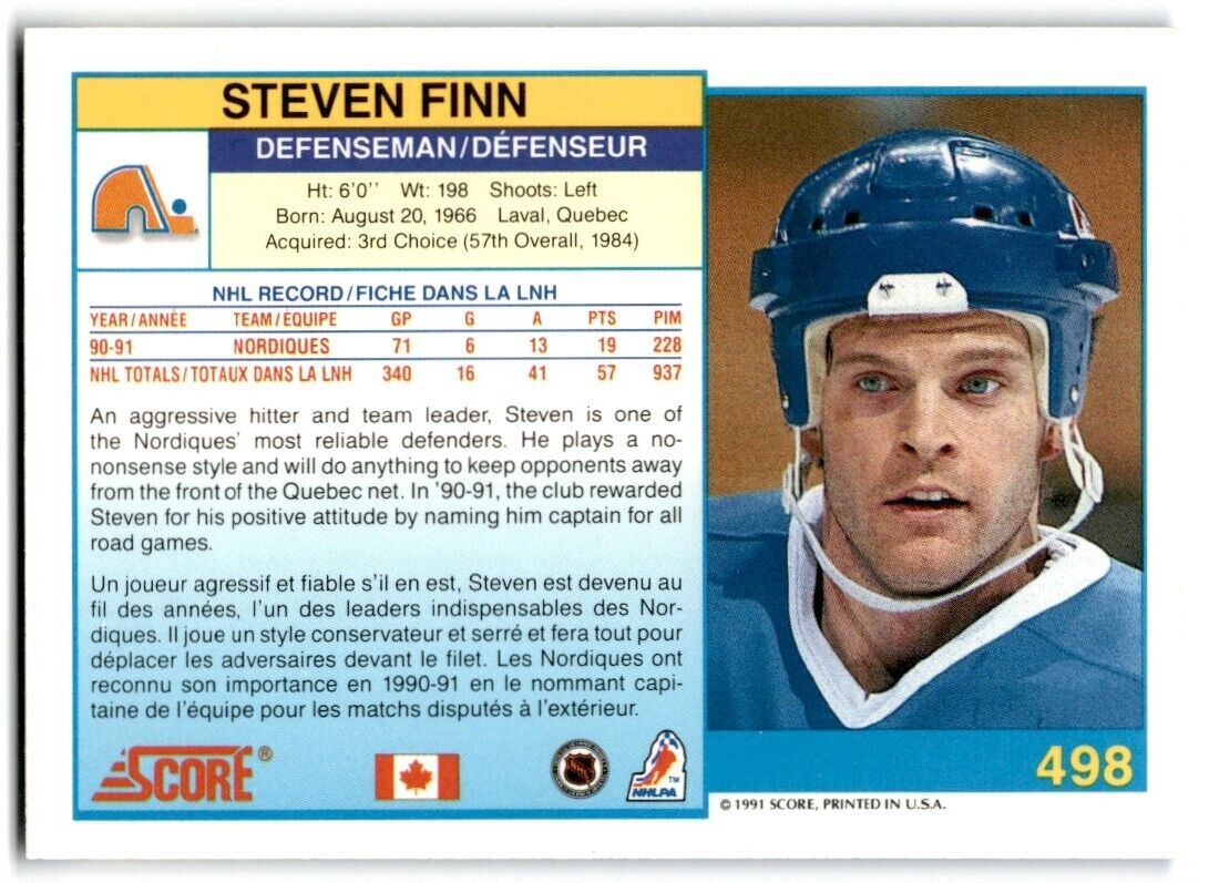 1991-92 Score Canadian Bilingual Steven Finn Quebec Nordiques #498