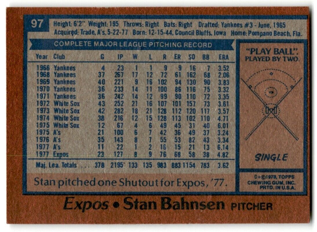 1978 Topps Stan Bahnsen Montreal Expos #97