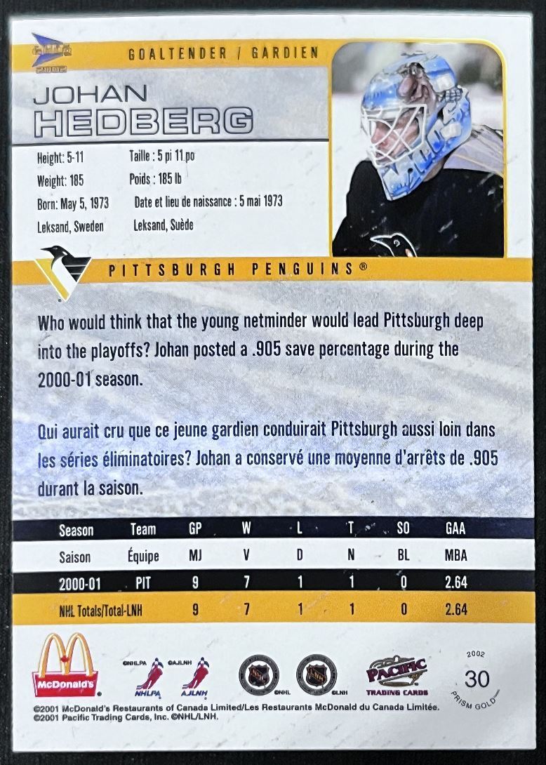 2001-02 Pacific McDonald's Johan Hedberg Pittsburgh Penguins #30