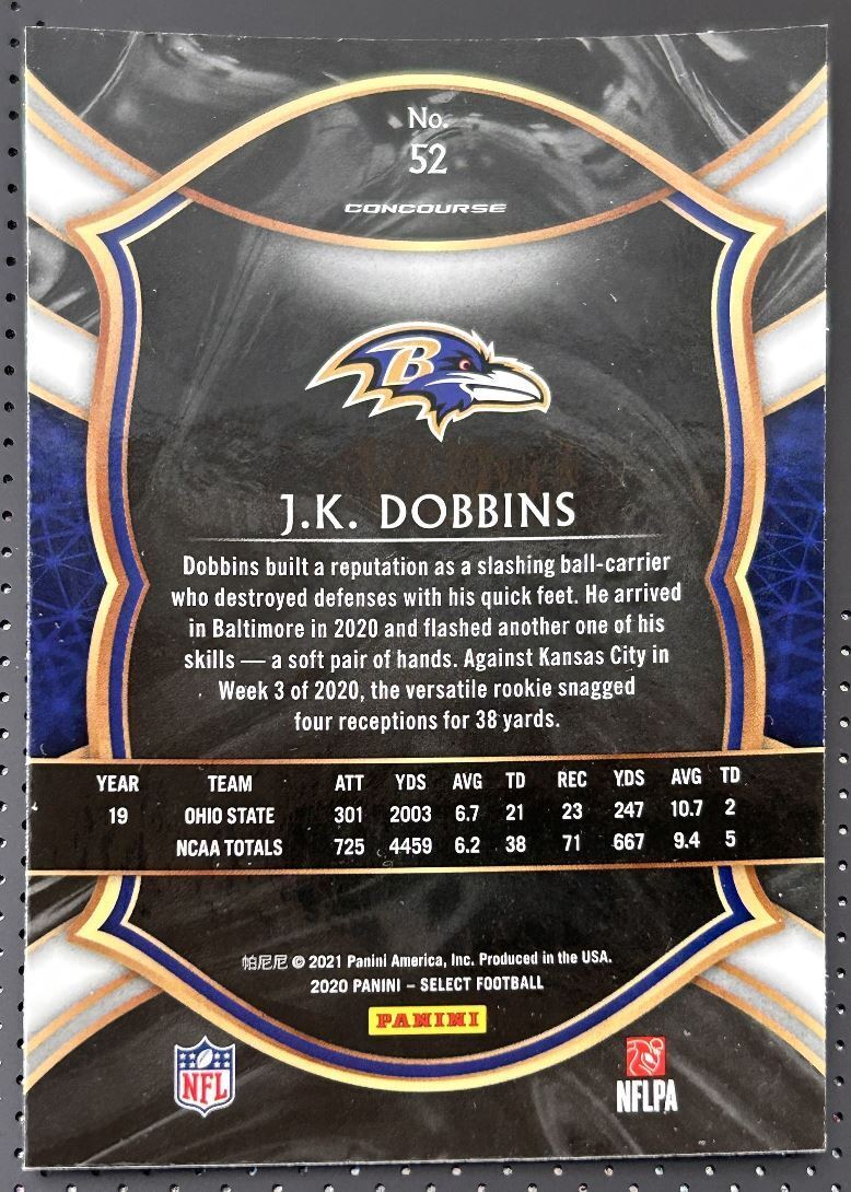 2020 Panini Select Rookie RC J.K. Dobbins Rookie Baltimore Ravens #52