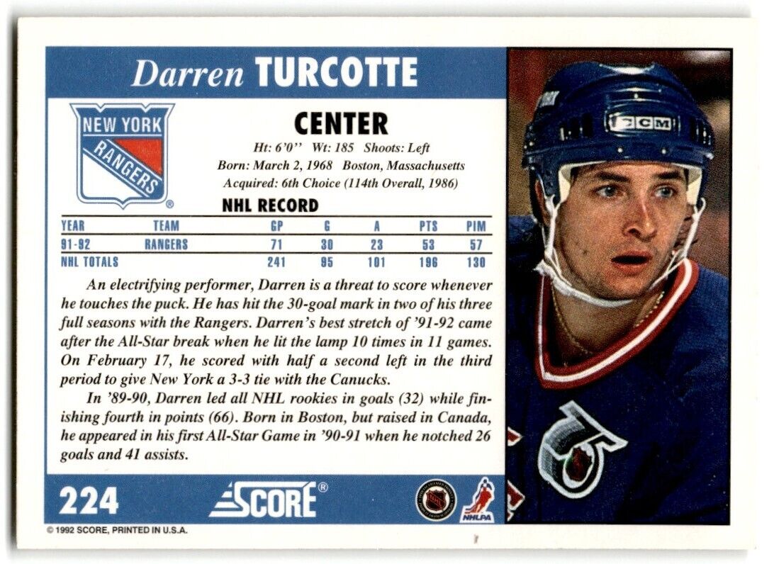 1992-93 Score Darren Turcotte New York Rangers #224