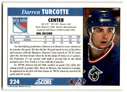 1992-93 Score Darren Turcotte New York Rangers #224