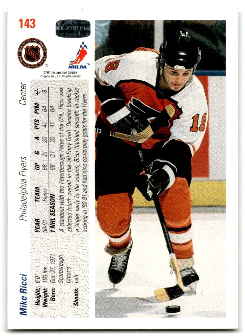 1991-92 Upper Deck Mike Ricci Philadelphia Flyers #143