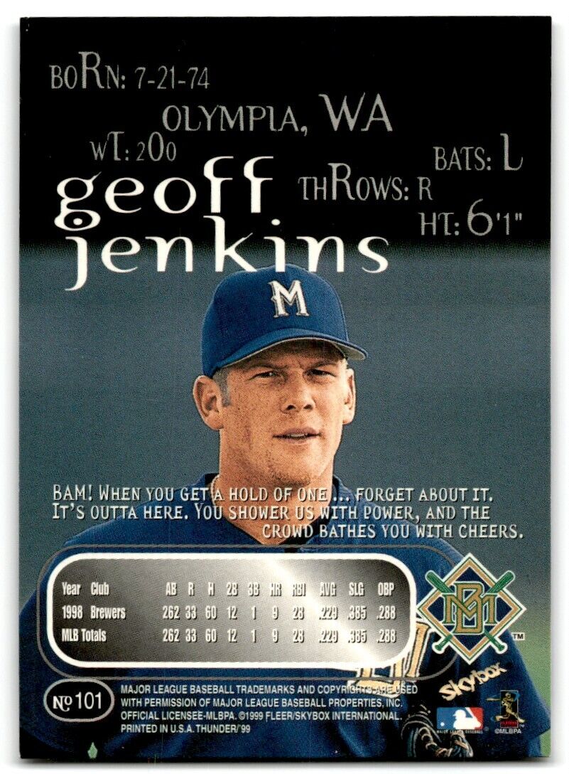 1999 SkyBox Thunder Rave Geoff Jenkins Milwaukee Brewers #101