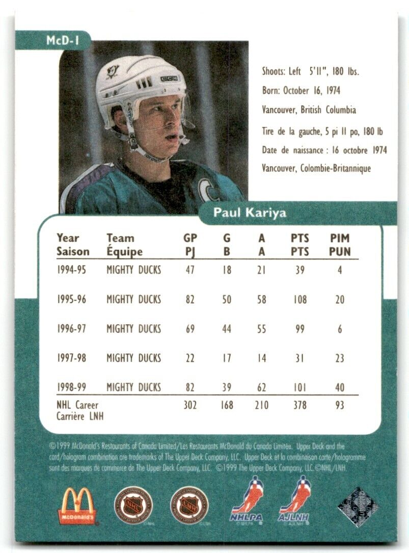 1998-99 Upper Deck Retro McDonald's Paul Kariya Anaheim Mighty Ducks #MCD-1