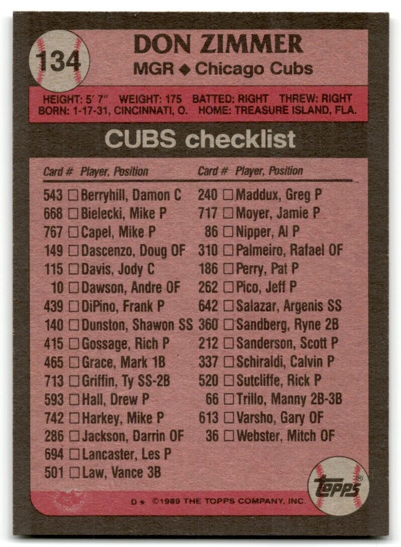 1989 Topps Don Zimmer Chicago Cubs #134