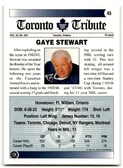 1991-92 Ultimate Original 6 Gaye Stewart Toronto Maple Leafs #45