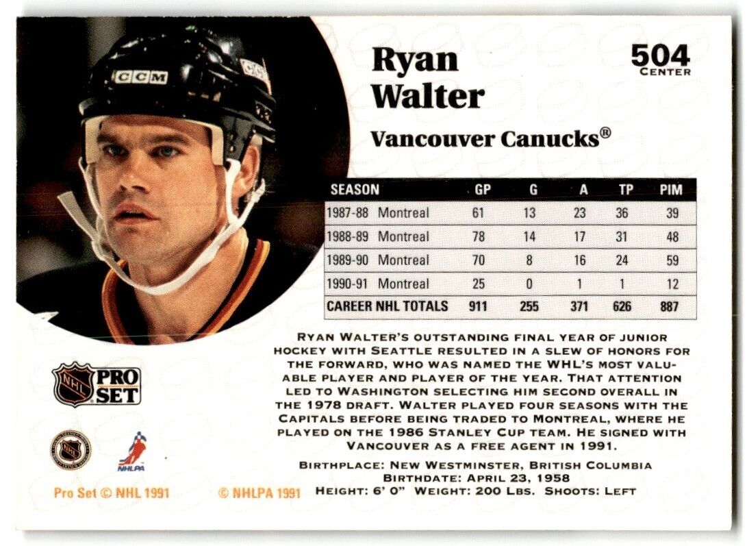 1991-92 Pro Set Ryan Walter Vancouver Canucks #504