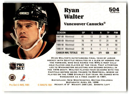 1991-92 Pro Set Ryan Walter Vancouver Canucks #504