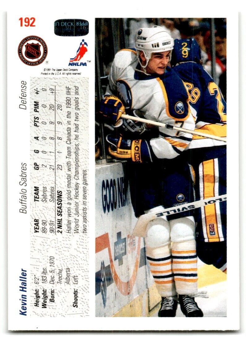 1991-92 Upper Deck Kevin Haller Rookie Buffalo Sabres #192