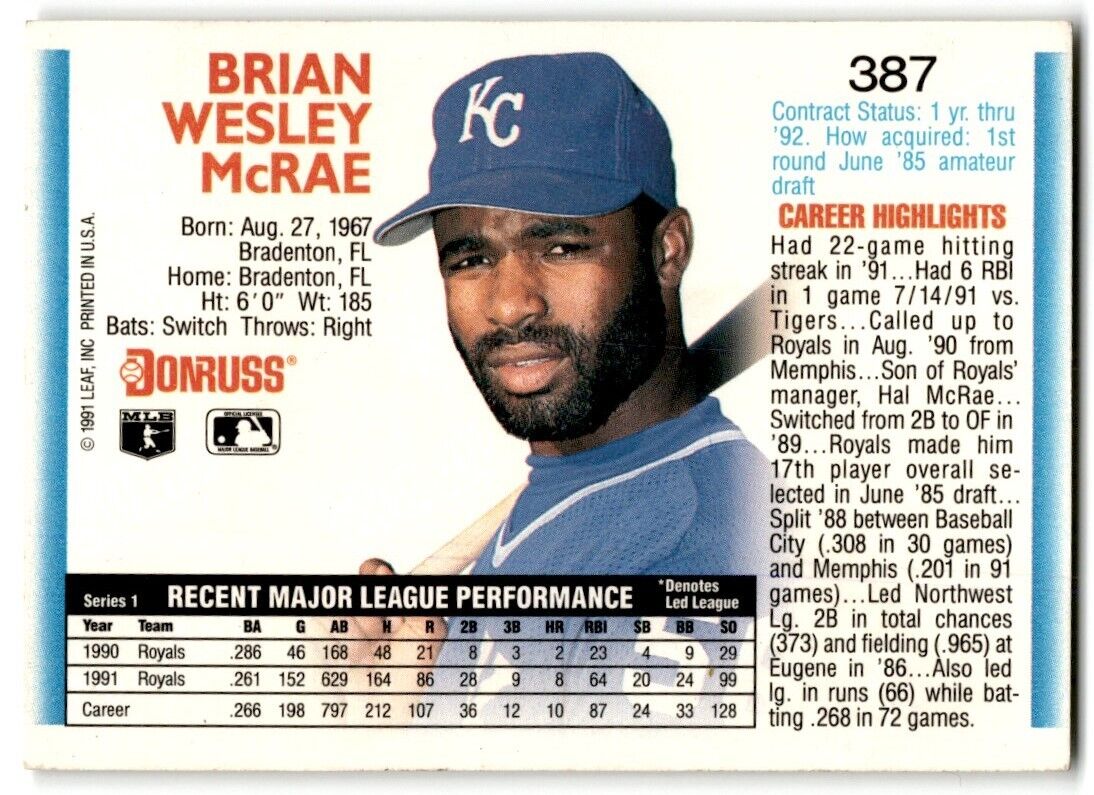 1992 Donruss Brian McRae Kansas City Royals #387