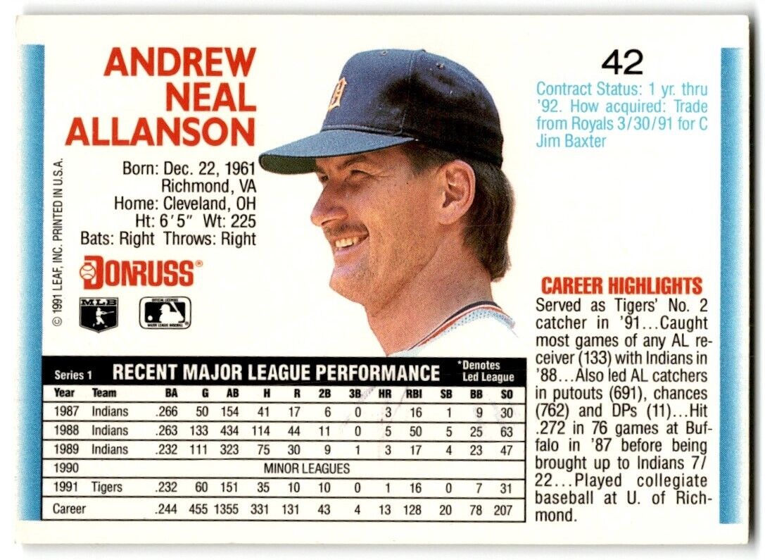 1992 Donruss Andy Allanson Detroit Tigers #42