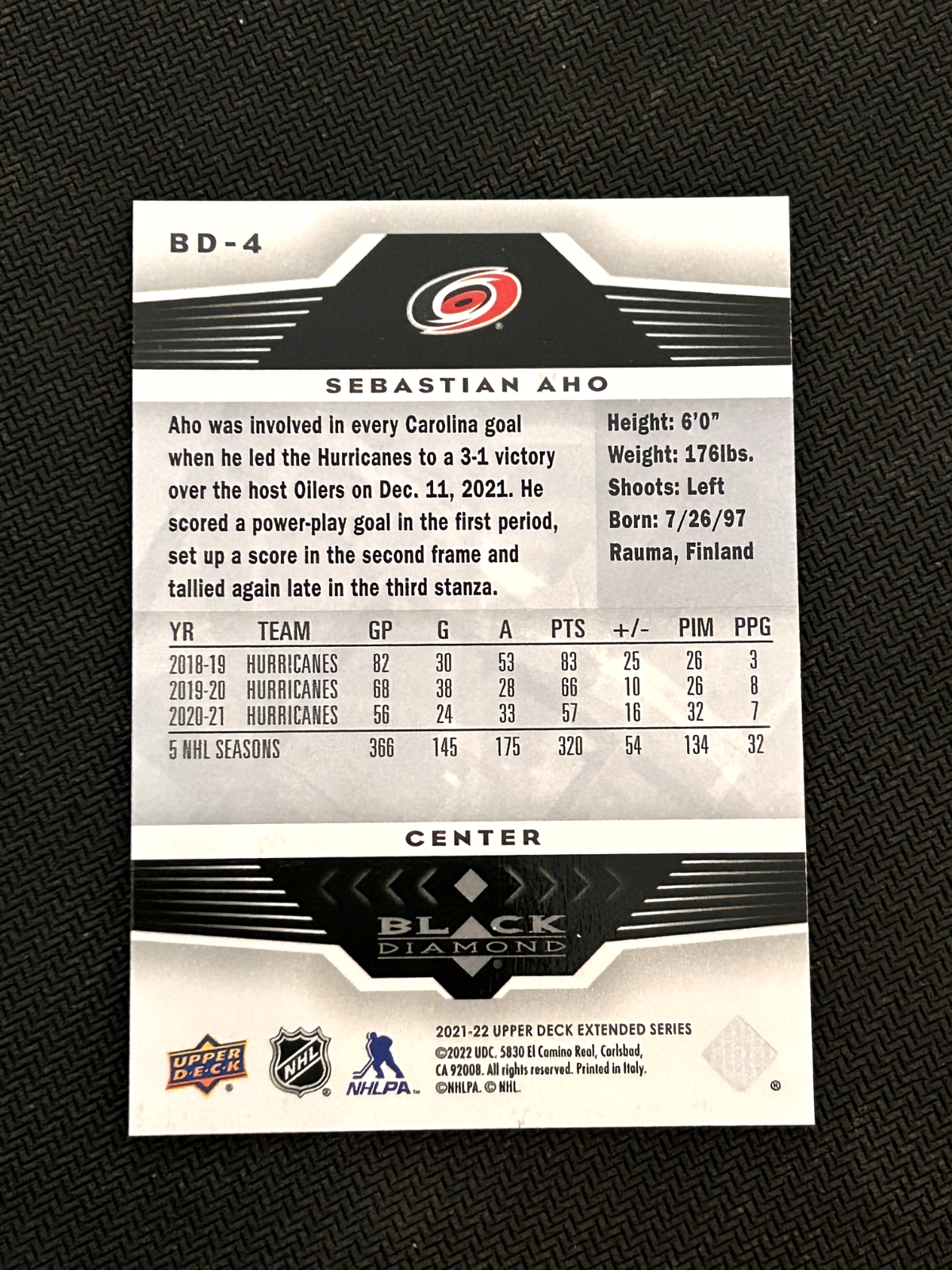 2021-22 UD - Extended Series - Black Diamond Sebastian Aho BD-4