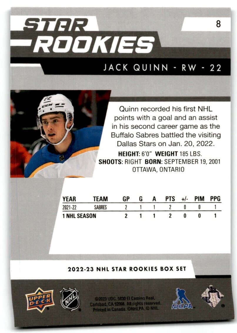 2022-23 Upper Deck Star Rookies Jack Quinn Rookie Buffalo Sabres #8