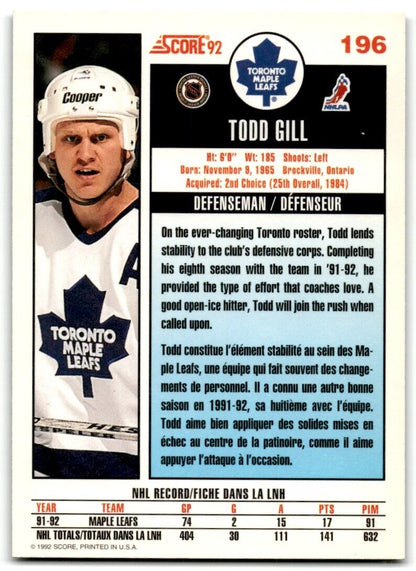 1992-93 Score Todd Gill Toronto Maple Leafs #196