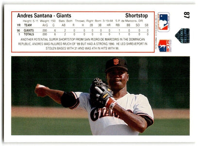 1991 Upper Deck Andres Santana San Francisco Giants #87