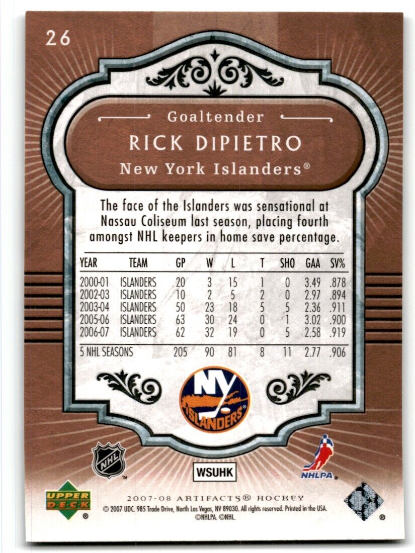 2007-08 Upper Deck Artifacts Rick DiPietro New York Islanders #26