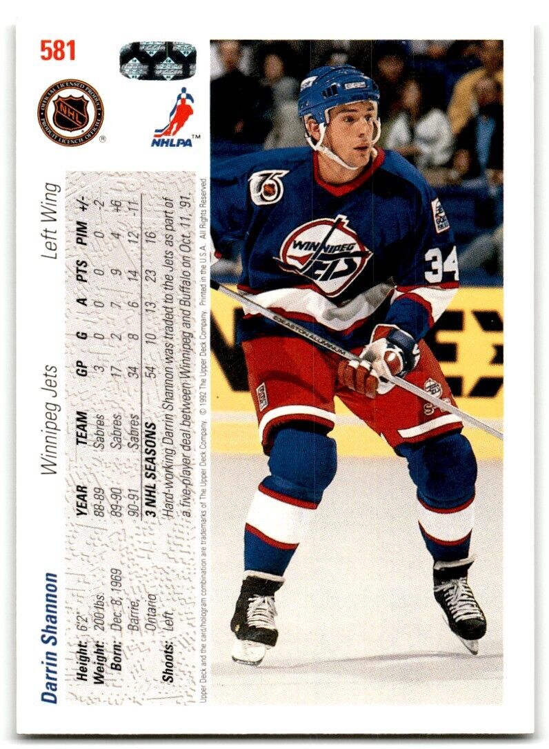 1991-92 Upper Deck Darrin Shannon Winnipeg Jets #581