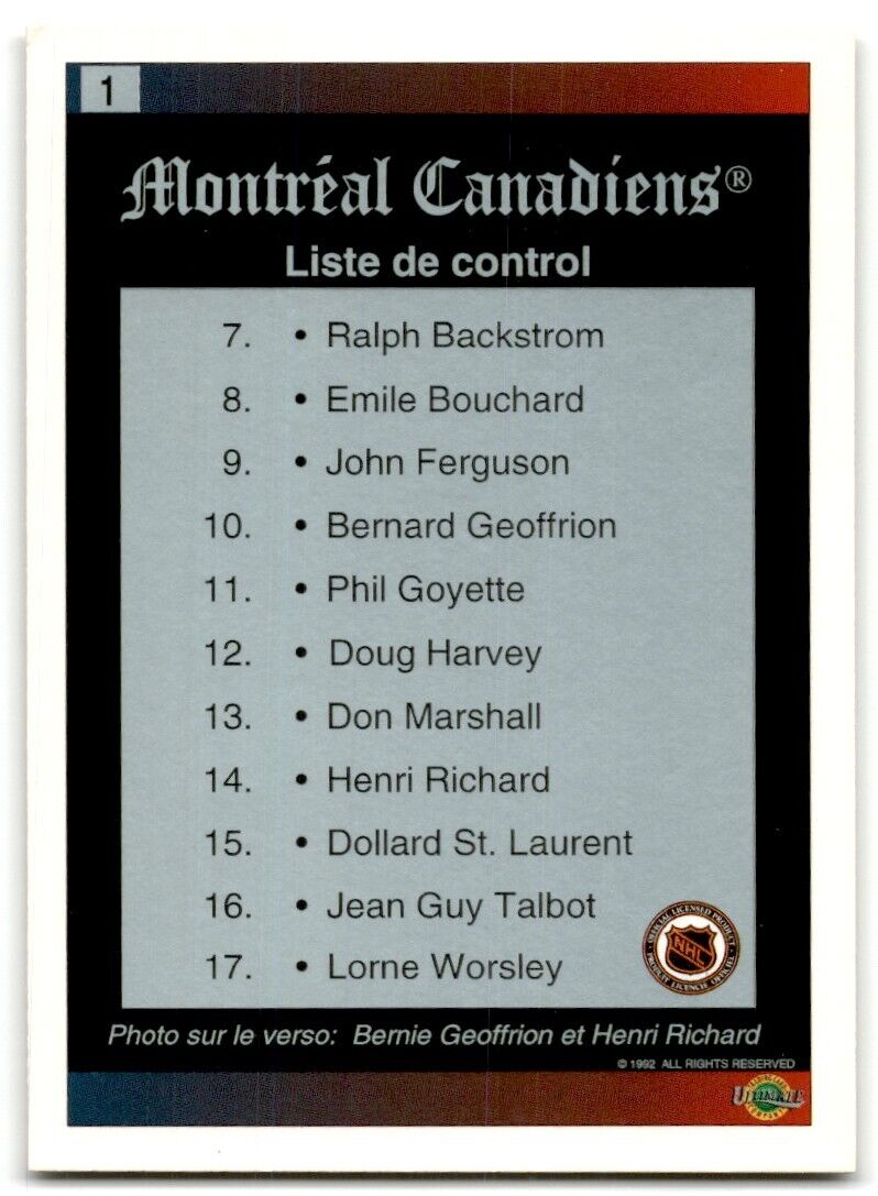 1992-93 Classic Liste de contrôle Montreal Canadiens #1